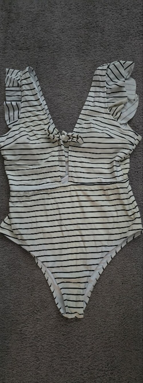 Striped Ruffle One-Piece Swimsuit - White with Black Stripes